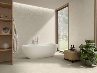 Modern bathroom interior in minimal scandinavian style, 3d render