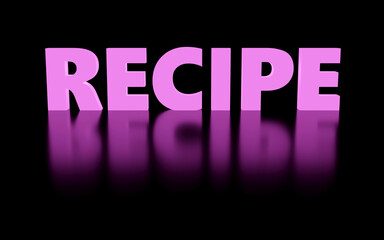 Glowing purple material letters sign Recipe, soft light, front view