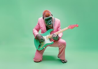 Gorilla wearing a pink suit, playing an electric guitar against a solid light and pastel green background.