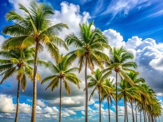 Serene tropical landscape featuring a serene row of majestic palm trees swaying gently in the breeze against a