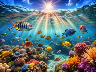 Serene underwater scene with vibrant coral reef, schools of tropical fish, and sunlight filtering through calm
