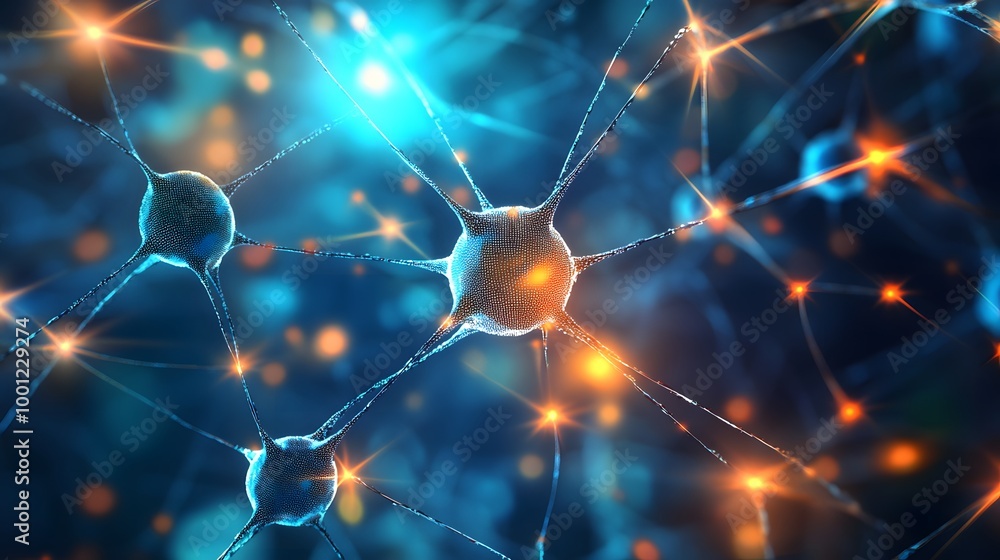Poster a close up of a brain with many neurons. the neurons are connected to each other and are glowing in 