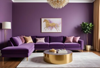 A modern living room with a large purple sectional sofa, a gold side table, and a plain purple wall background.