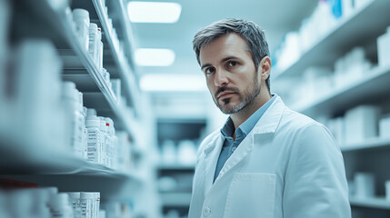 Handsome middle aged pharmacist at work