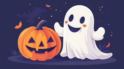 A friendly ghost and carved pumpkin smile at each other against a dark blue background.