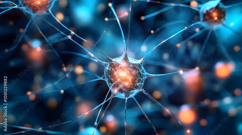 Poster a close up of a brain with many neurons. the neurons are connected to each other and are glowing in 