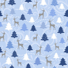 Scandinavian style winter holidays seamless pattern, background, wallpaper with reindeers, Christmas trees