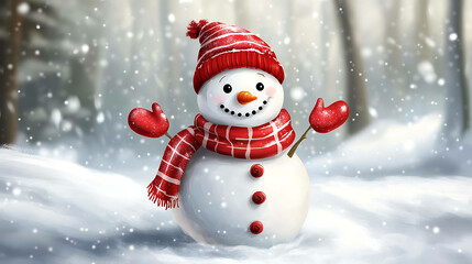 A friendly snowman stands in a snowy forest.