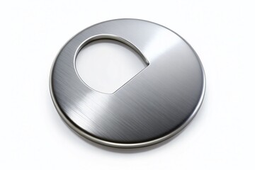 Shiny silver circle with a bite taken out of it set against a clean white background, symbolizing technology,