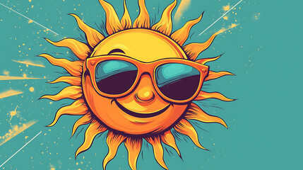 Smiling cartoon sun wearing sunglasses.