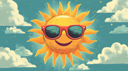 Cartoon sun wearing sunglasses with a big smile and blue sky and white clouds in the background.
