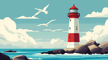 Lighthouse on a rocky outcrop in the ocean with seagulls flying overhead.