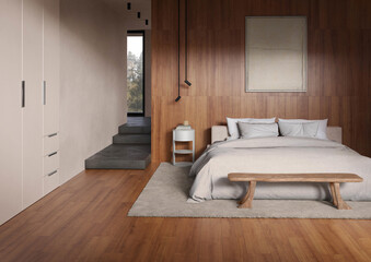 Modern luxury bedroom interior in minimal scandinavian style