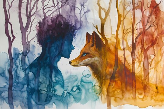 Abstract man and fox in watercolor