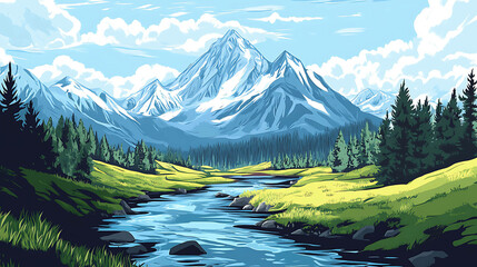 A mountain range with a river flowing through a valley,  with lush green grass and trees.