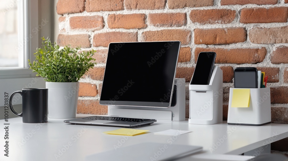 Poster modern workspace with computer and accessories