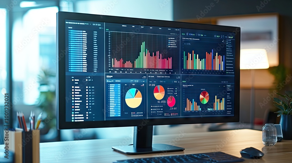 Poster desktop monitor with multiple data visualizations, bar charts, and pie graphs. bright and engaging a