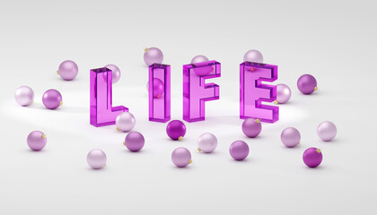 Inscription made by purple life on grey podium, soft light, smooth background, 3d rendering