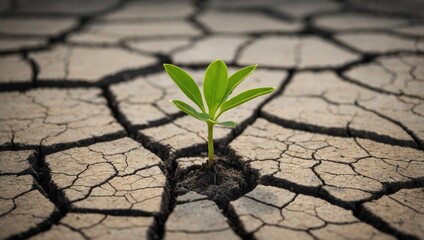 Green plant sprouting from dry, cracked earth