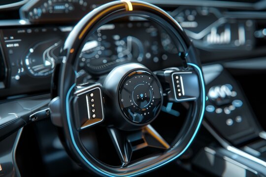 Futuristic car interior showcasing a sleek steering wheel with integrated digital displays and controls
