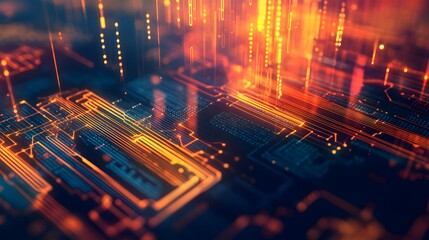 Obraz premium A close up of a computer chip with orange and blue lines. The image has a futuristic and technological feel to it, with the bright colors and intricate design of the chip