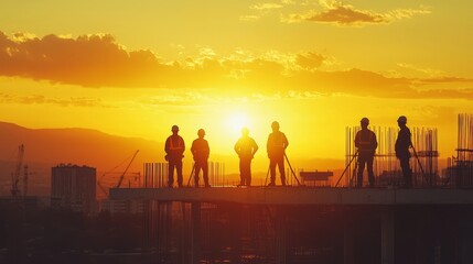 Fototapeta premium Construction workers silhouetted against a sunset on a building site