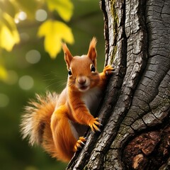 Obraz premium This enchanting photograph features a playful squirrel peeking out from behind a sturdy tree trunk, capturing the essence of curiosity and charm in the heart of the forest.
