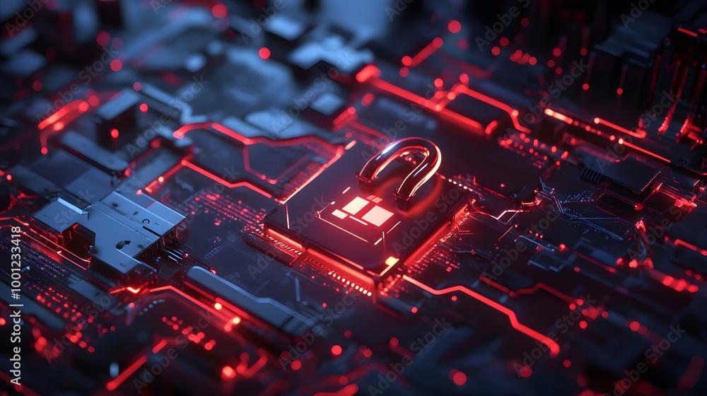 Poster a computer chip with a red lock on it. the image has a futuristic and technological vibe, with the r