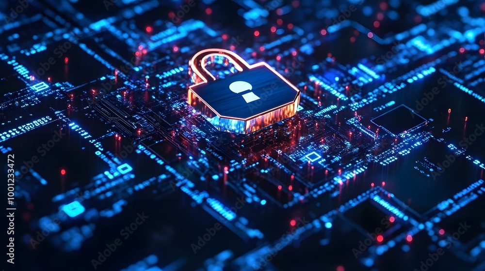 Poster a computer chip with a red lock on it. the image has a futuristic and technological vibe, with the r