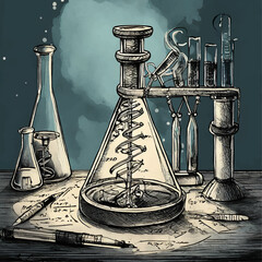 Illustration of a laboratory with research bottles featuring colors that evoke a sense of genius and critical thinking