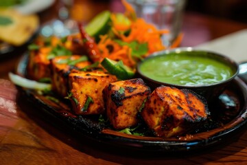 A plate of sizzling Paneer Tikka with a side of green chutney