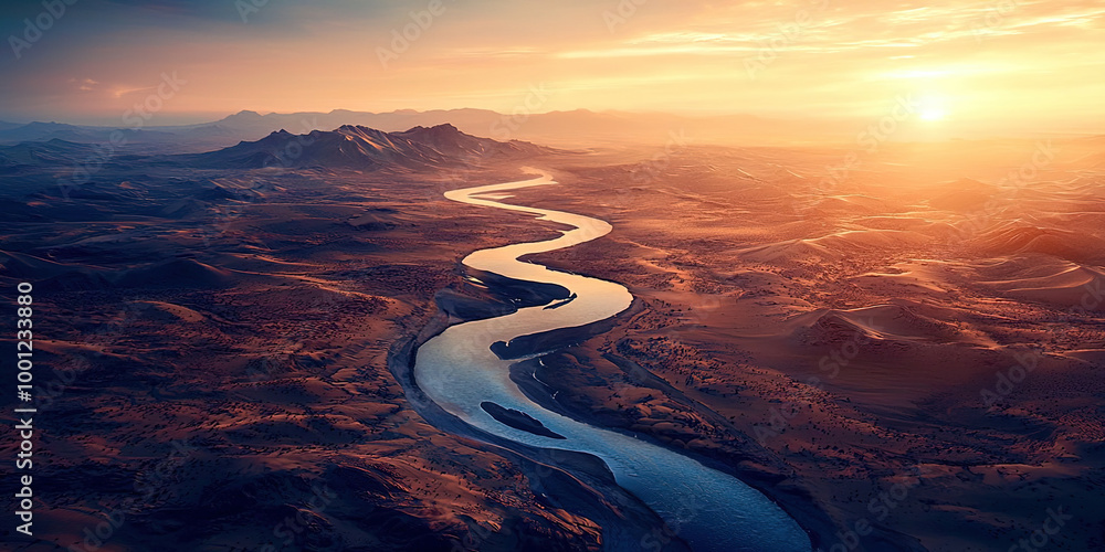 Poster a river runs through a desert landscape with mountains in the background