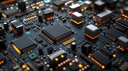 Close-up of a circuit board with microchips and glowing elements.