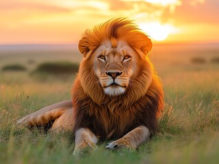 A majestic lion lies in tall grass against a fiery sunset with its mane blowing in the wind.