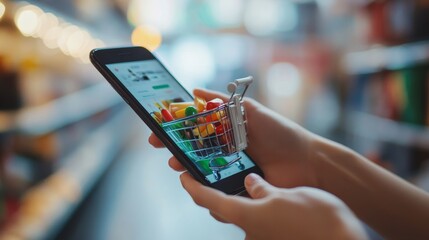 A person holding a smartphone displaying a shopping cart filled with groceries, suggesting online shopping in a grocery store setting.