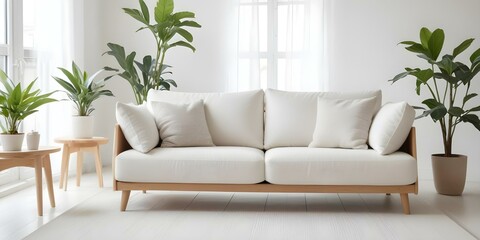 A modern, minimalist white sofa in a bright, airy room with a potted plant in the background.