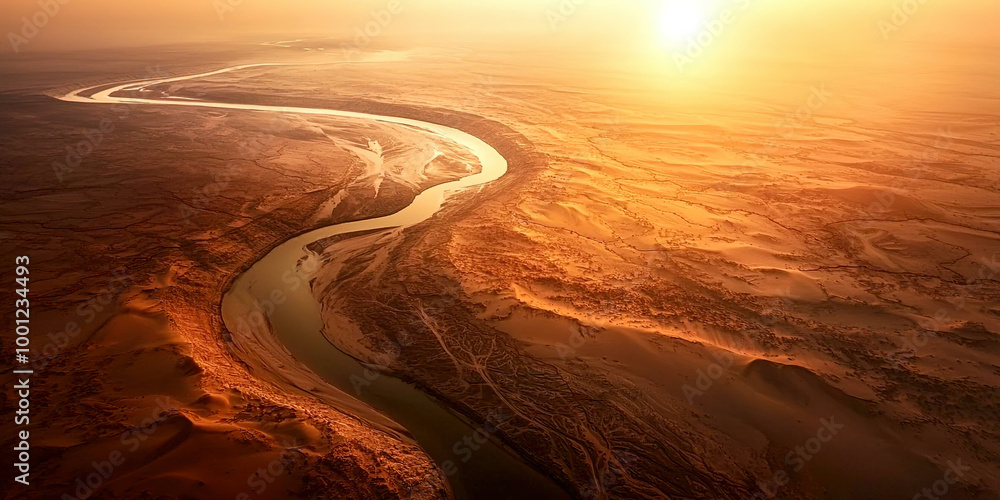 Poster a river is shown in the desert with the sun in the background