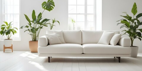 A modern, minimalist white sofa in a bright, airy room with a potted plant in the background.