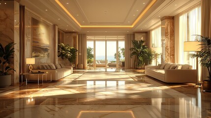Luxurious living room with marble floors and large windows