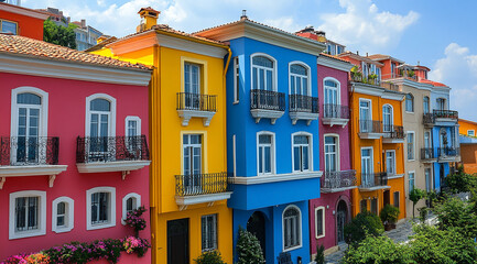 Obraz premium city building facade with colourful houses 