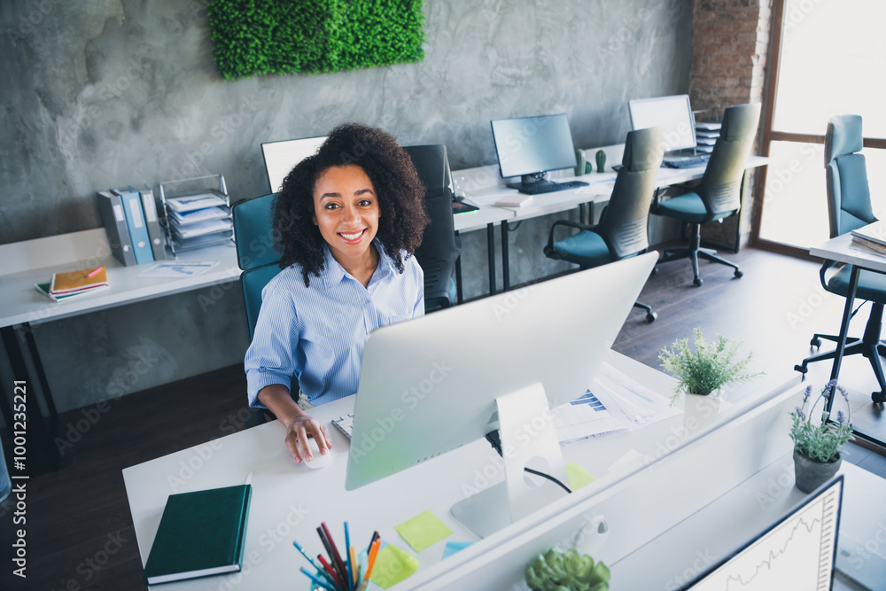 Canvas Prints Photo of sweet charming lady assistant wear shirt communicating modern gadget indoors workplace workstation