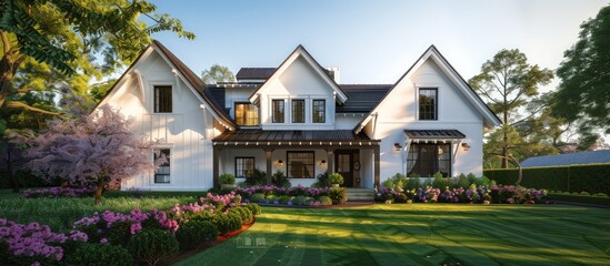 Elegant white craftsman home with dark wooden beams, a manicured lawn, and blooming flowers, captured in the afternoon sun.