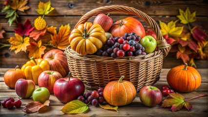 Bountiful harvest basket filled with colorful fruits and pumpkins surrounded by autumn leaves