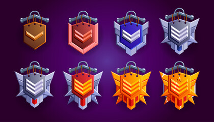Level game rank badges set. 12 Realistic vector of woody, silver, bronze, gold with level progress symbol. Metallic style. Progress and awards.
