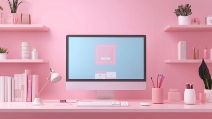 Pink-themed minimalist workspace with desktop computer and office supplies