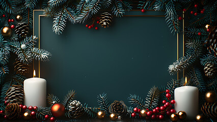 Dark green background with fir leaves and christmas accessories, text box for greeting, christmas day.