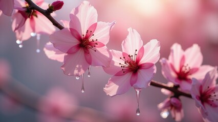 Obraz premium Generative AI, a branch with pink flowers and water drops hanging from it's branches, with a pink background and a pink sky, flowers, a picture, art photography 