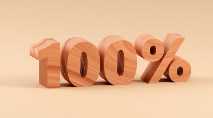 Inscription made by wood 100 percent on grey podium, soft light, smooth background, 3d rendering