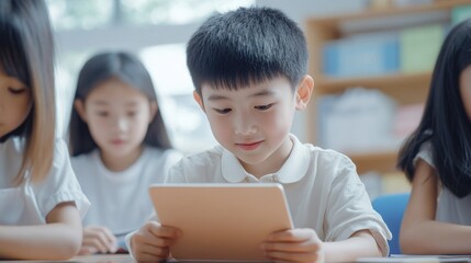 Fototapeta premium Young Asian Student Using Tablet for Research