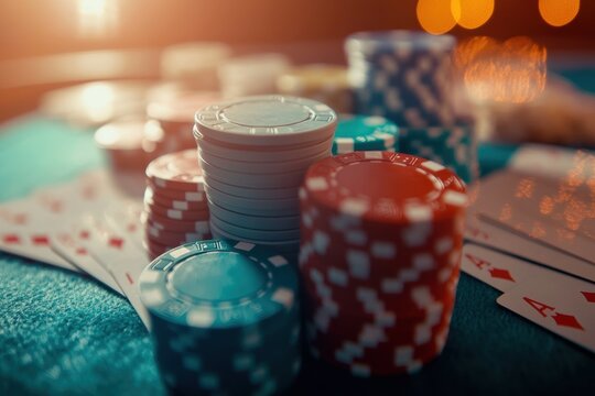 A lively casino table showcasing colorful poker chips and playing cards during an exciting game night. Generative AI